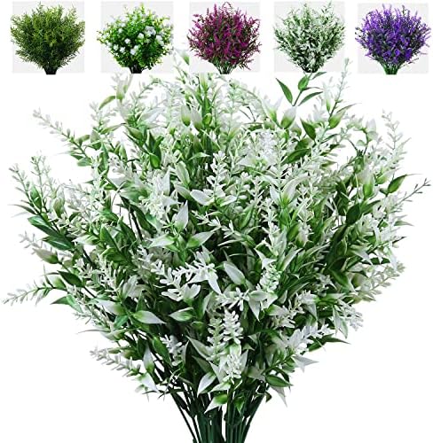 XLFAQXM 8 Pack Artificial Plants Flowers Grass Shrubs No Fade Faux Plastic Flowers Outdoor for Vases Farmhouse Garden Porch Patio Office Indoor Wedding Decoration Greenery Fake Plants (5#White) by XLFAQXM