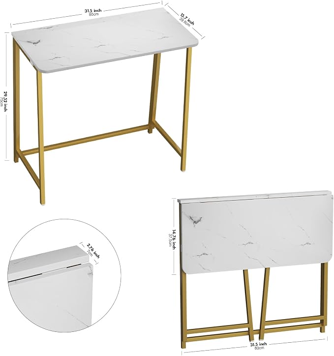 WOHOMO White Faux Marble Folding Desk, 31.5" Small Desk - Image 3