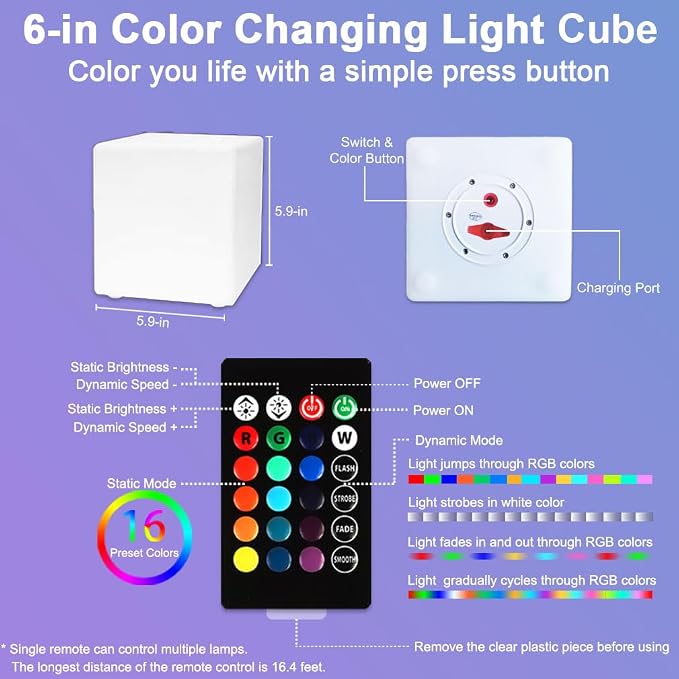 6-in LED Cube Night Light, Rechargeable LED Light Cube w/Remote, Dimmable 16 - Image 9