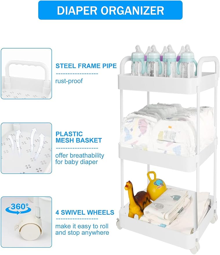 Volnamal Diaper Caddy Organizer, 3-Tier Movable Diaper Cart - Image 3