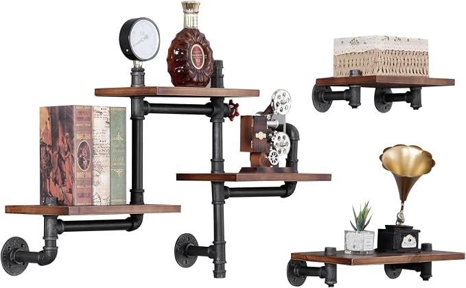 Industrial Floating Pipe Wall Shelves Rustic Wood Shelving, 5 Layer Pipe Design - Image 8