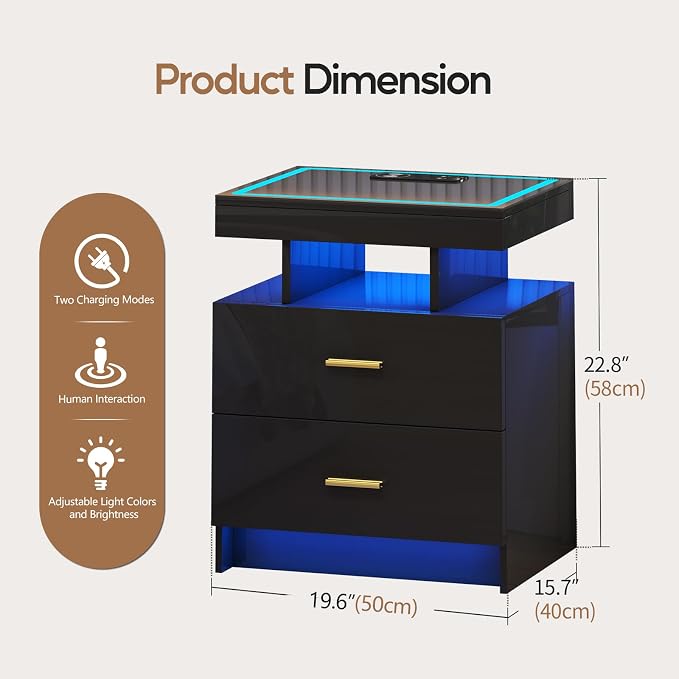 LED Nightstand Set 2 with Wireless Charging Station, Glass Top Smart Bedside - Image 2