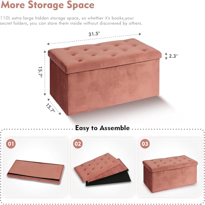 B FSOBEIIALEO Folding Storage Ottoman, Long Ottomans Shoes Bench, Velvet - Image 3
