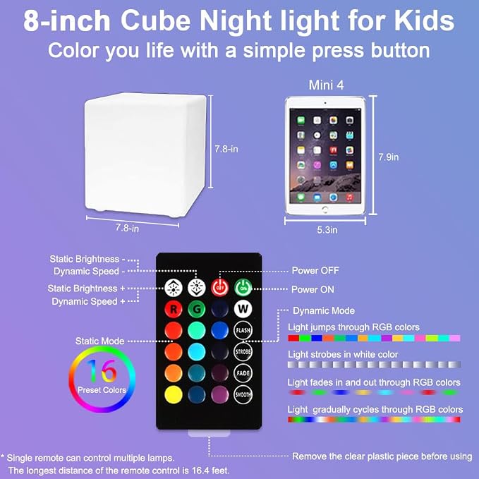8-in LED Cube Night Light Mood Lamp, Cordless LED Light Cubes - Image 8