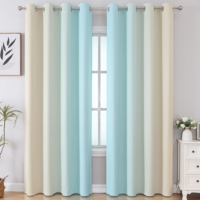 Aqua and Beige Ombre Blackout Curtains - Image 2