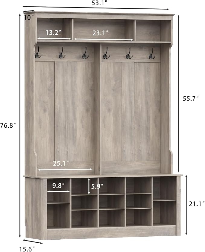 Wodeer Hall Tree with Bench and Shoe Storage, 6 Hooks, 12 Shoe Cubbies - Image 8