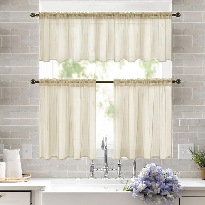 MIULEE 2 Panels Kitchen Tiers Half Window Sheer Curtains 29 X 36 Inch Beige | - Image 8