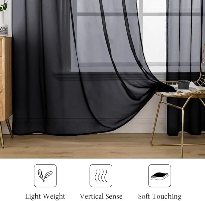 MIULEE 2 Panels Sheer Curtains for Living Room 54 X 63 Inches Black | Sheer - Image 4