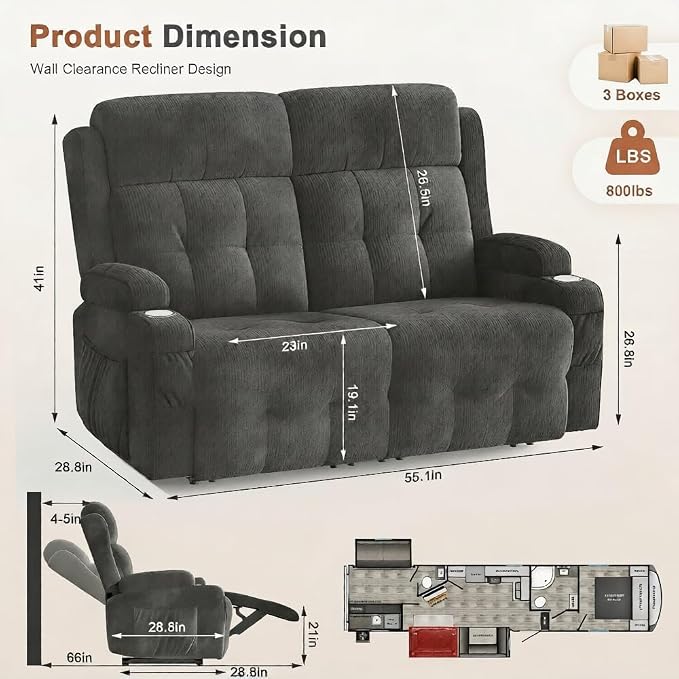 RV Loveseat Recliner Sofa, Wall Hugger Double Recliners - Image 2