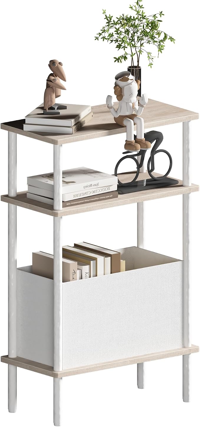 Narrow Side Table with Fabric Basket, End Table by Unknown
