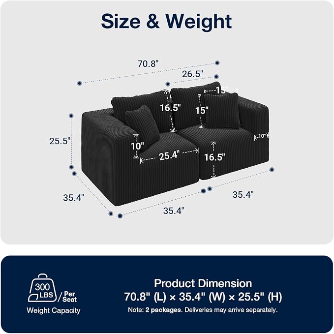 Avenco 71” 2-Seater Modular Loveseat Sofa Couch, Individually Wrapped Coil - Image 2