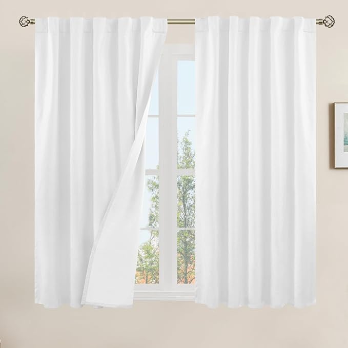 White 100% Blackout Linen Curtains 54 Inch Length by LAMIT