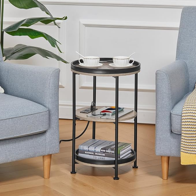 Dulcii Round Side Table with Charging Station, End Table with 3 Shelves - Image 4