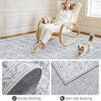 Round Area Rug Living Room: 8ft Neutral Washable Carpet Rug Gray | Vintage Boho - Image 7