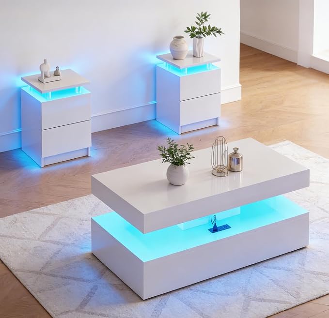 3-Piece Modern Living Room Table Set, Includes LED Coffee Table and End Tables by Nordivale
