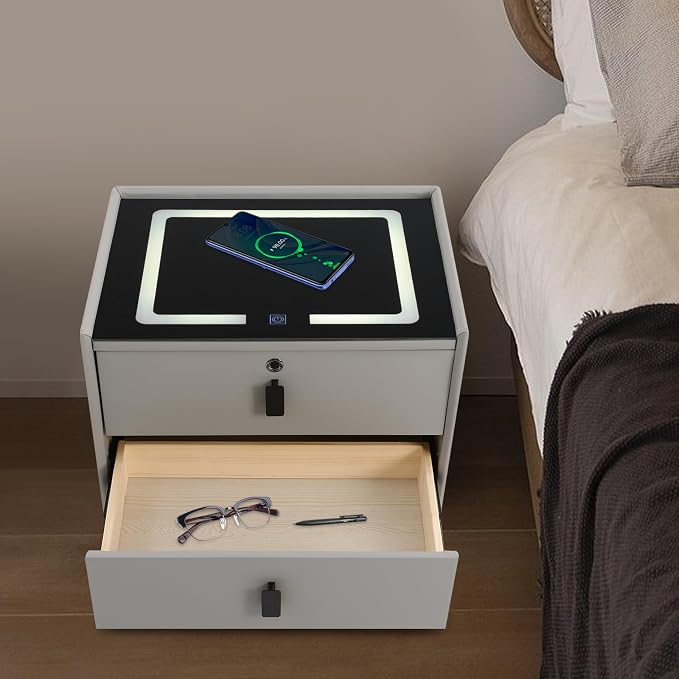 Smart Nightstand w/Fingerprint Lock Drawers, Smart Bedside Table w/USB Charging - Image 5
