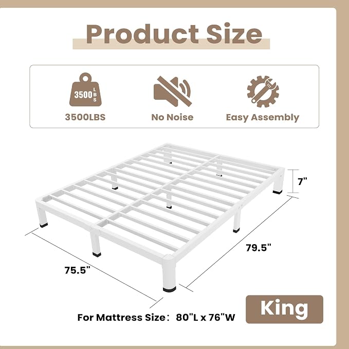 ROIL 7 Inch White King Bed Frame - Image 2