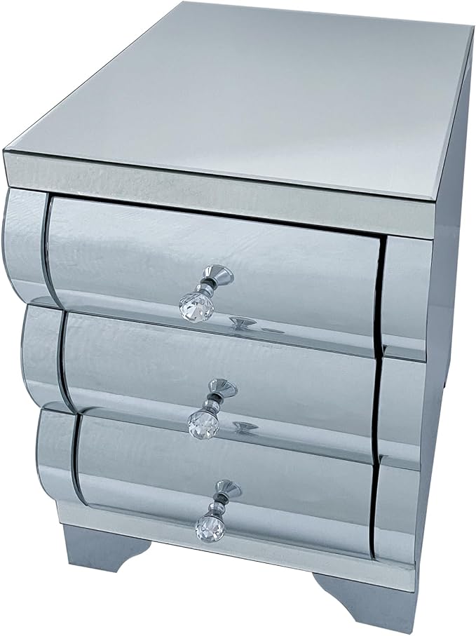 Curved Mirror Nightstand with 3 Drawer Glass Bedside Table - Image 5