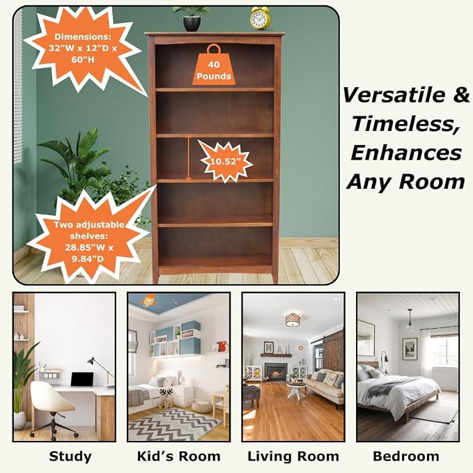 International Concepts, Solid Wood Bookcase 60" High, Adjustable Shelves - Image 4