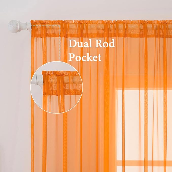 MIULEE Orange Fall Sheer Curtains 54 X 45 Inches, 2 Panels | Solid Color - Image 2