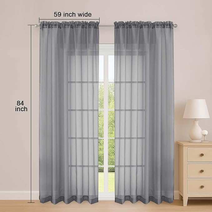 Sheer Curtains 84 Inches Long 2 Panels Set, Sheer Grey Curtains - Image 2