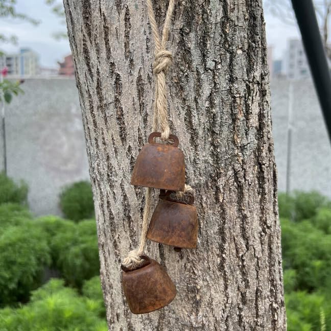 2pc Rustic Charm Bell - Handmade Hemp Rope Wind Chimes Hanging Decoration, Distressed Finish Cow Bell with Jute Hanging Rope, Perfect for Front Door, Outdoor, Window, and Home Decor - Image 2