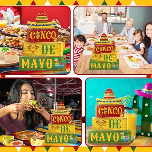 Yuntau 4 Pcs Cinco De Mayo Wood Blocks Tiered Tray Tabletop Centerpiece - Image 4