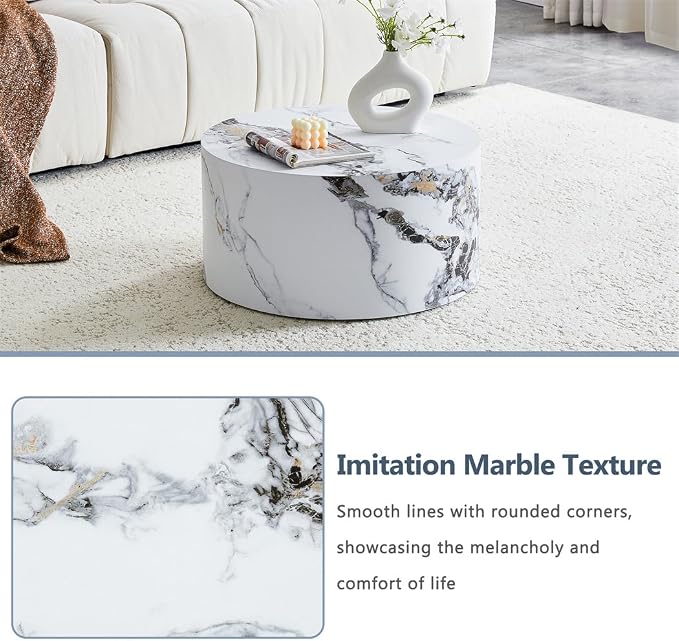 Round Coffee Table Living Room Table, Modern White Faux Marble Center Couch - Image 5