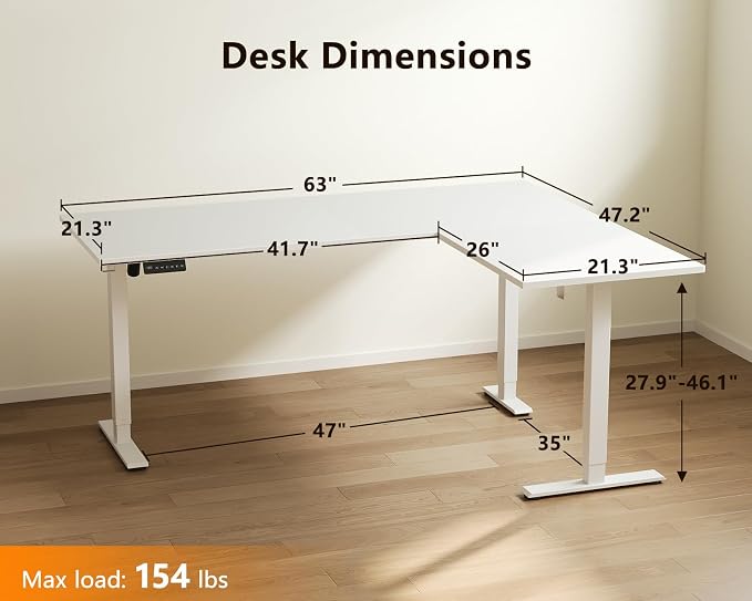 Casaottima 63 Inch Electric L-Shaped Standing Desk, Reversible Corner Desk - Image 3