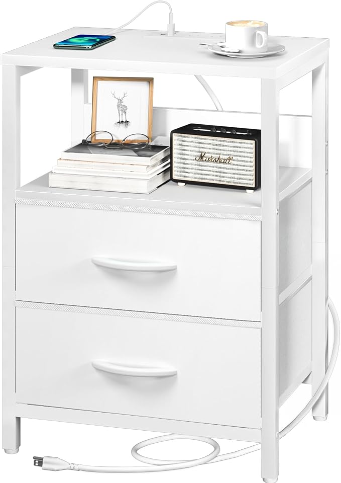 Yoobure Nightstand with Charging Station, Small Night Stand with Fabric Drawers by Yoobure