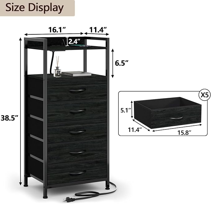 Furnulem Night Stand with Charging Station, Tall Black Dresser - Image 3