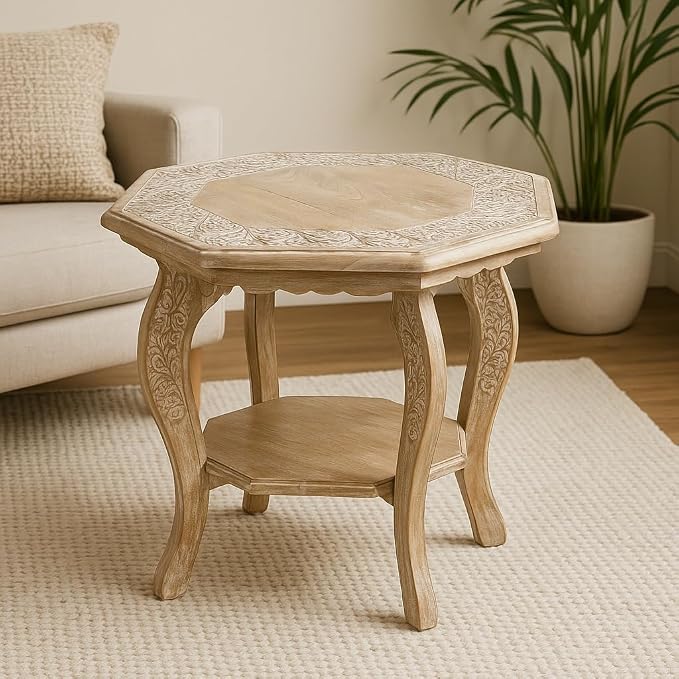 Hand Carved Wooden Octagon Coffee Table, Rustic Foldable Side Table Nightstand - Image 4