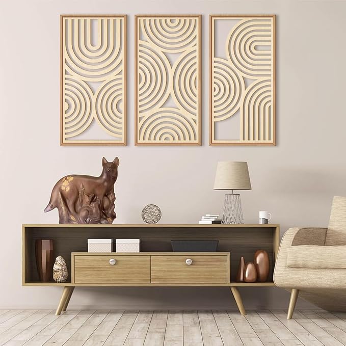 IARTTOP Large Boho Wood Wall Art Set of 3 Framed Wooden Mid-century Modern Wall - Image 3