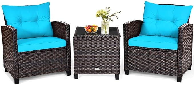 HAPPYGRILL 3 Pieces Patio Conversation Set, Outdoor Furniture Set PE Rattan by HAPPYGRILL