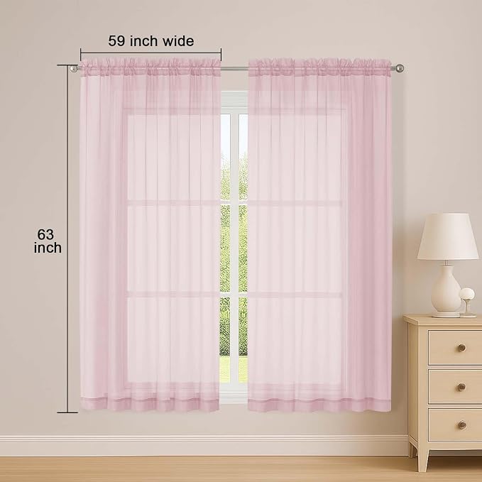 Sheer Blush Curtains, Sheer Curtains 63 inch Length 2 Panels Set, Rod Pocket - Image 2