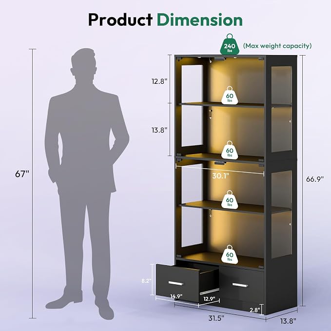 Lamtor 67-inch Glass Display Cabinet – Curio Cabinet - Image 2