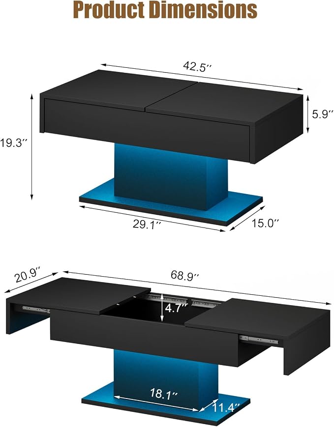 Black Modern Coffee Table with Hidden Storage - Image 2