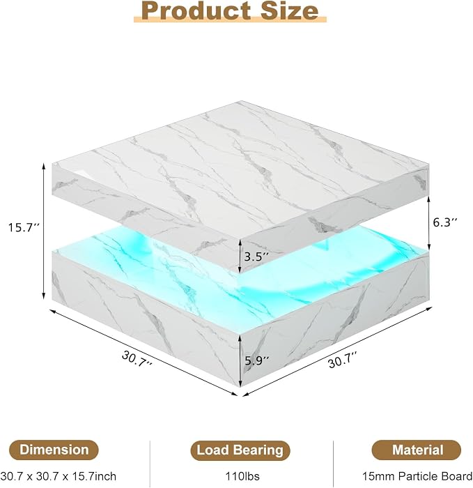 HedoAjim White Marble LED Coffee Table - Image 2