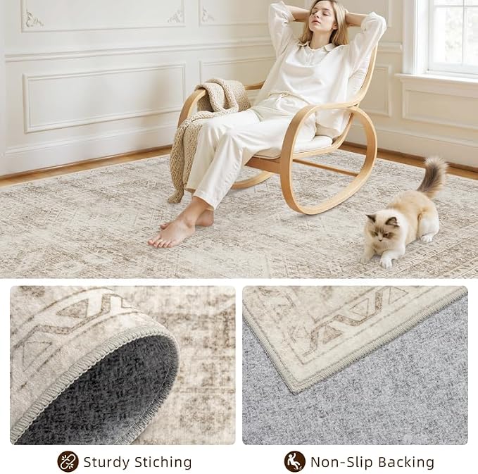4x6 Area Rugs Living Room: Bedroom Neutral Washable Carpet Brown | Vintage Boho - Image 4