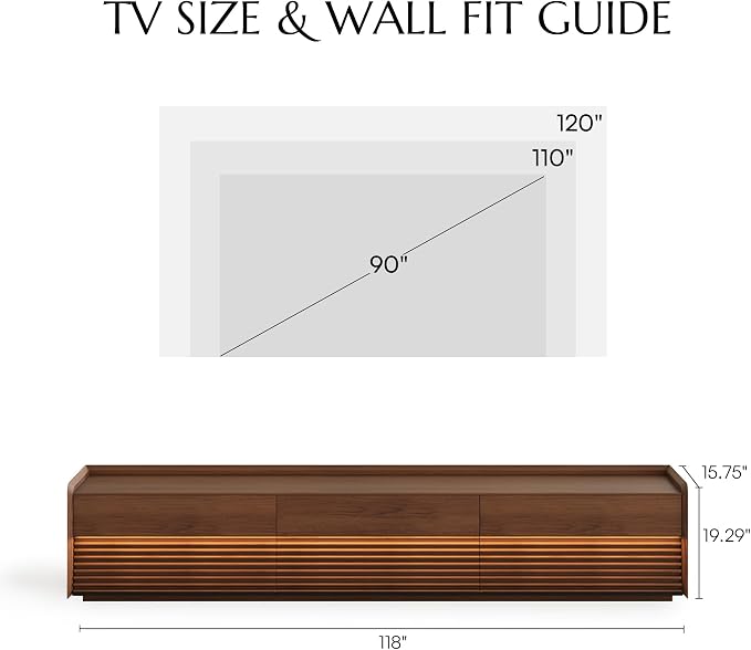 POVISON Fully-Assembled Mid Century Modern TV Stand, 118.11" Wood Media Console - Image 4