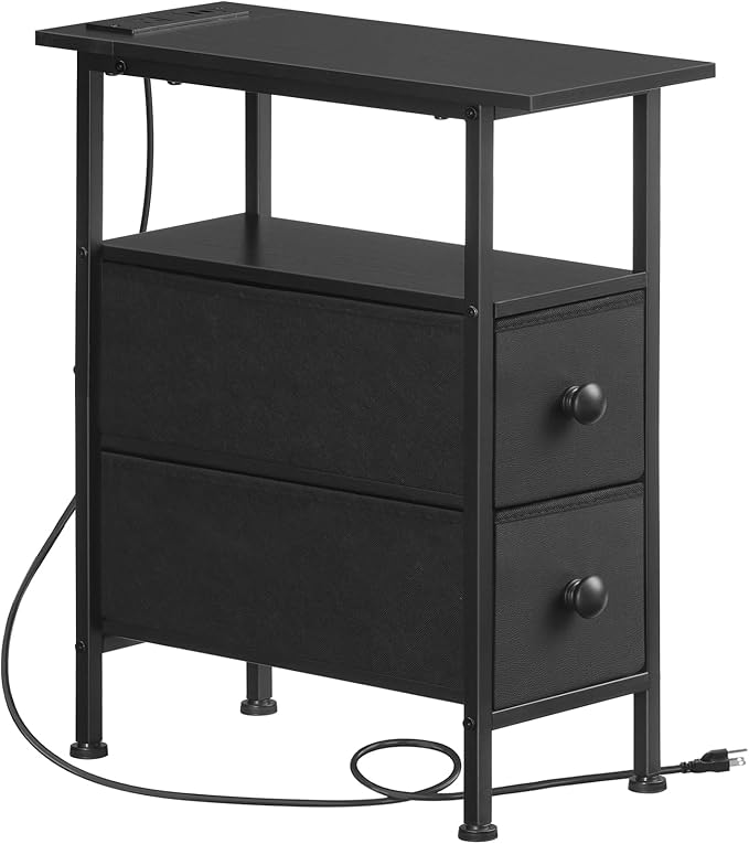HOOBRO End Table with Charging Station, Narrow Side Table with 2 Fabric Drawers by HOOBRO