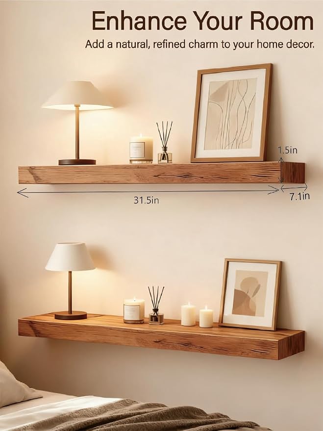 Solid Wood Floating Shelves, 31.5in Finished Real Wood Wall Shelves - Image 2