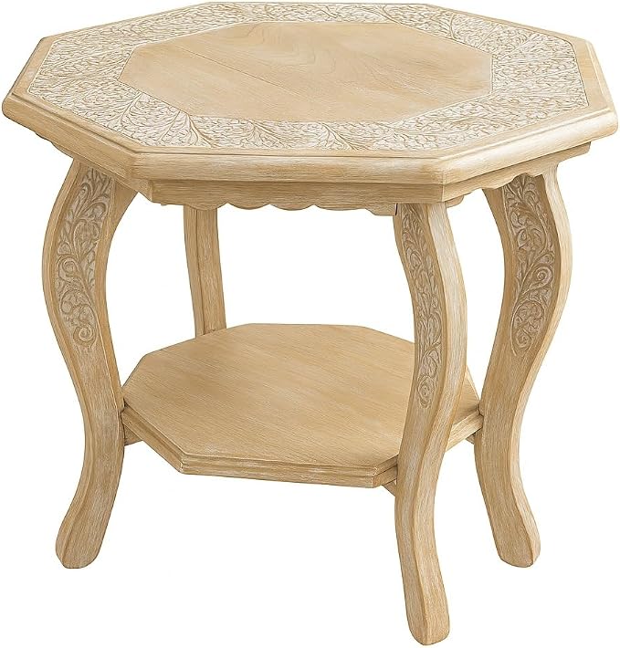Hand Carved Wooden Octagon Coffee Table, Rustic Foldable Side Table Nightstand by TheWoodenTown