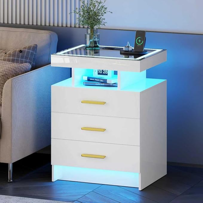 White Night Stand Set 2 with Wireless Charging Station, Smart Bedside Table - Image 7