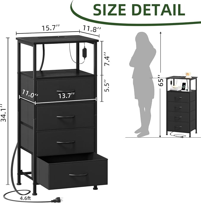 Somdot Black Nightstand with Charging Station and LED Light - Image 3