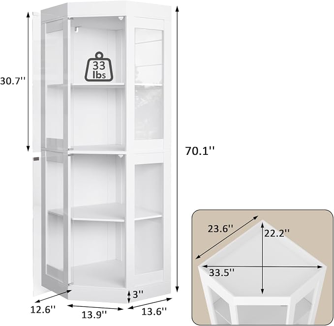 70''H Tall Corner Cabinet with Glass Doors, Farmhouse Storage Cabinet with 4 - Image 2