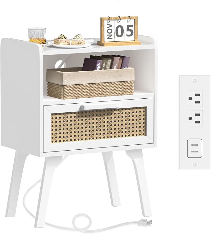 Lerliuo Rattan Nightstand with Charging Station, Cane Accent Side End Table by Lerliuo