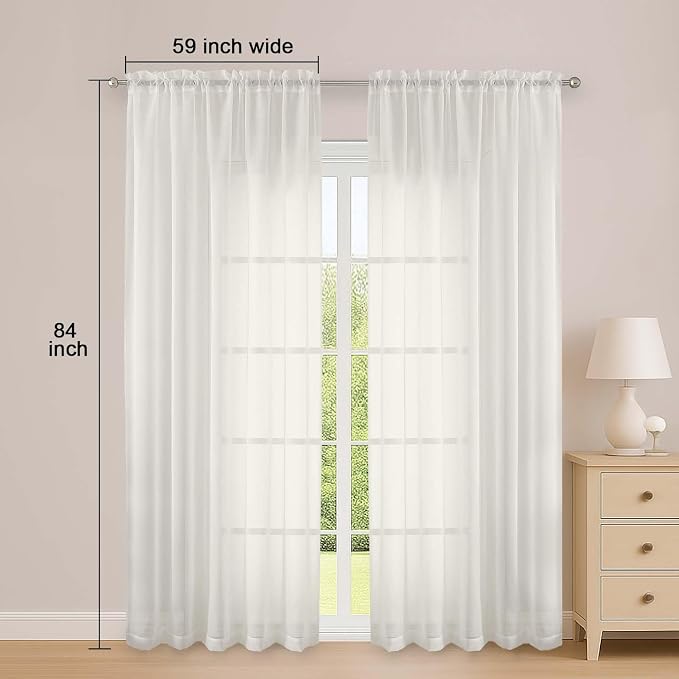 Sheer Curtains 84 Inches Long 2 Panels Set, Ivory Sheer Curtain - Image 2