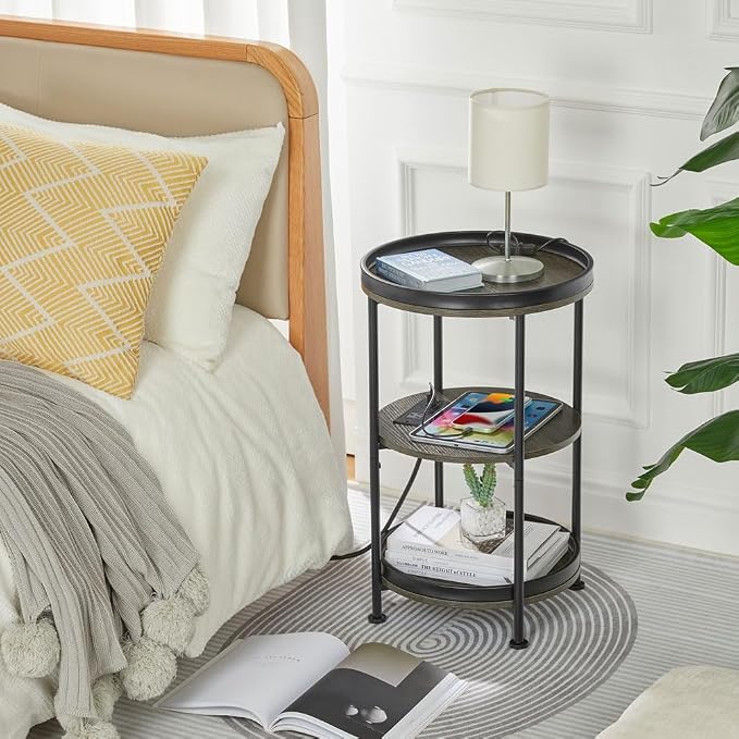 Dulcii Round Side Table with Charging Station, End Table with 3 Shelves - Image 6