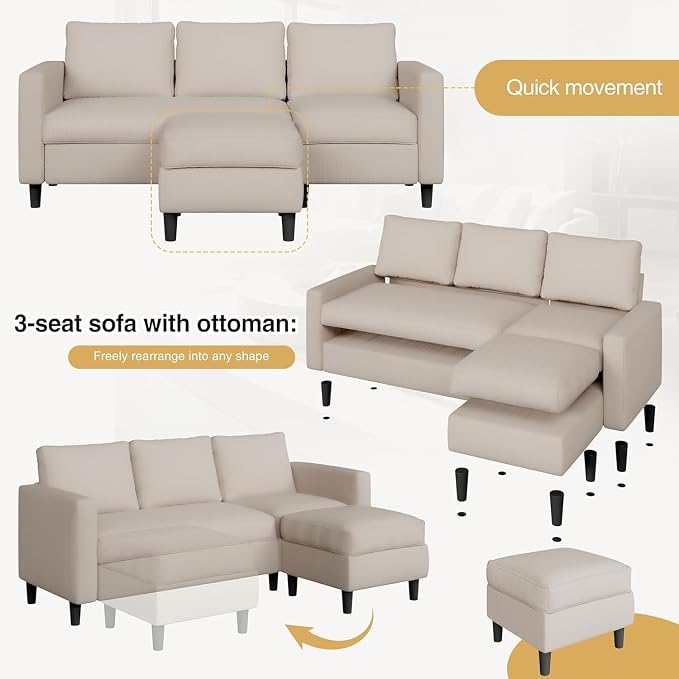 JAMFLY Sectional Sofa for Living Room, 3-Seat Reversible Couch - Image 4